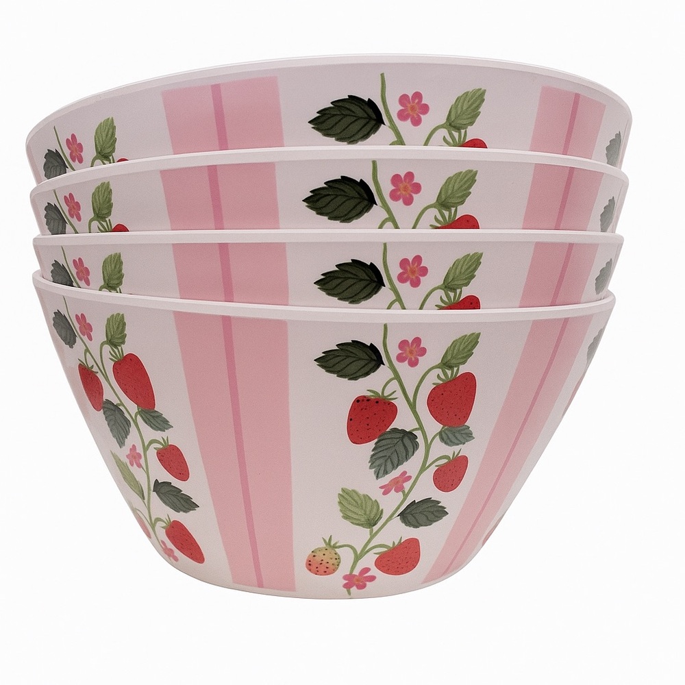 Harvest Green Studios Strawberry Bamboo Bowls – Set of 4, 6” Pink Shabby Chic